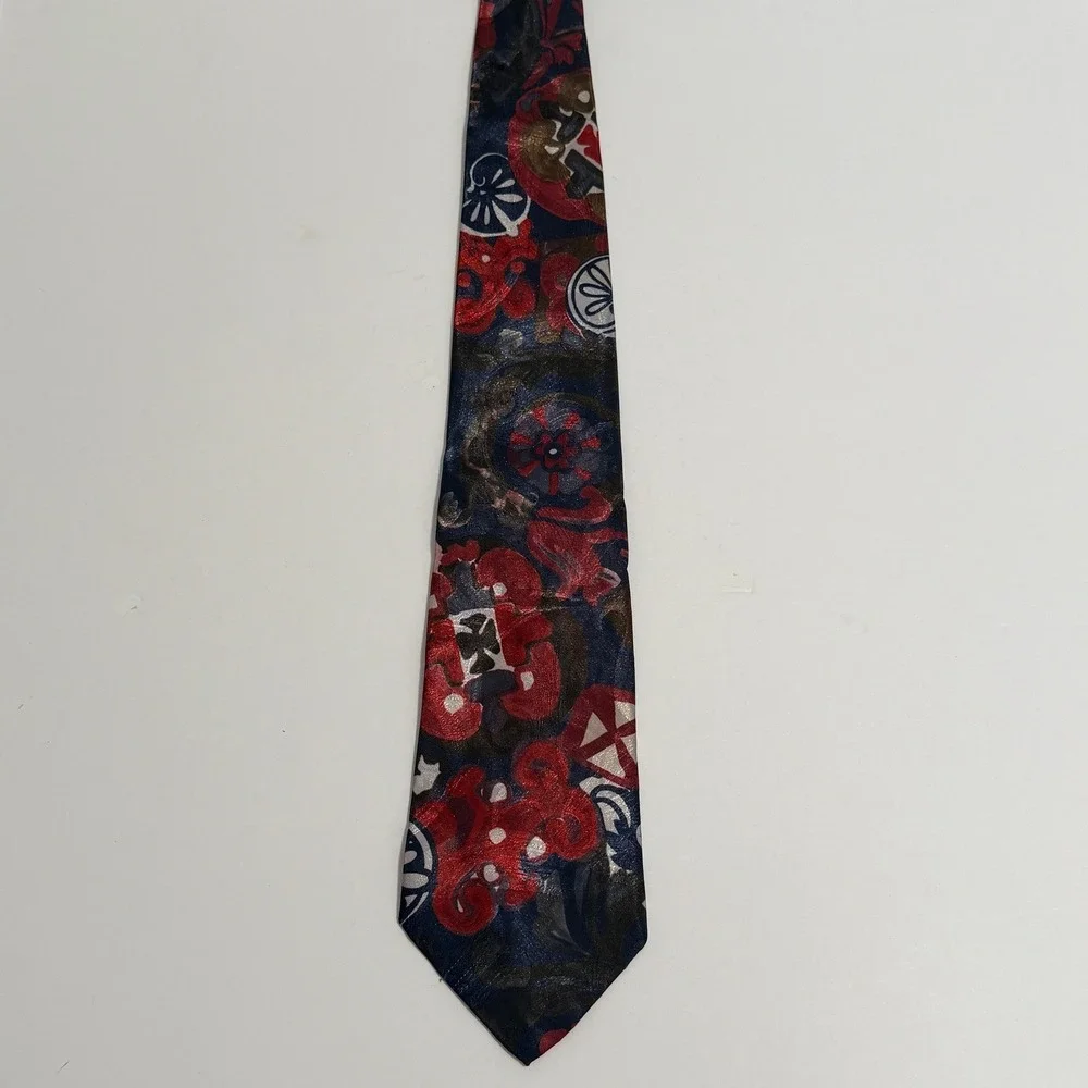 Windridge Mervyns Necktie Abstract Floral Geometric Navy Blue Red 3.75